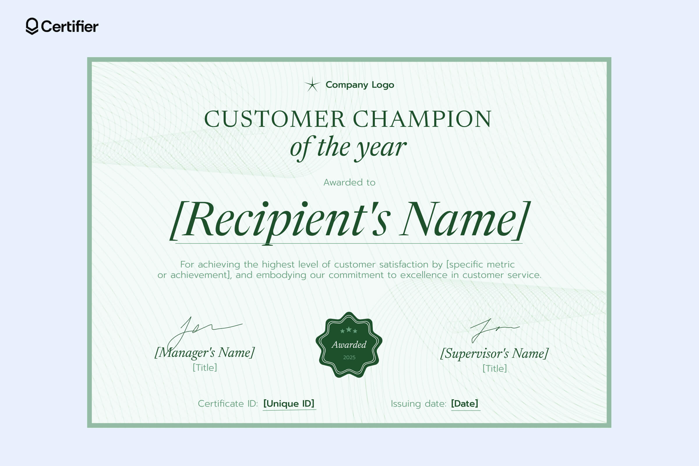 Customer service employee of the year certificate template in green with a refined layout and professional badge Customer service employee of the year certificate template in green with a refined layout and professional badge