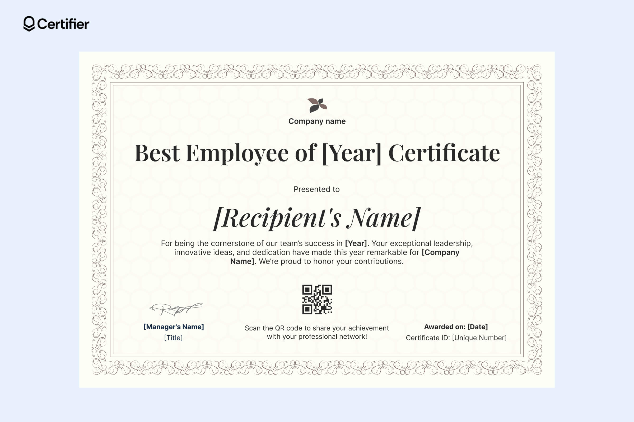 Elegant employee of the year certificate template with an ornate border, classic serif fonts, and a timeless design Elegant employee of the year certificate template with an ornate border, classic serif fonts, and a timeless design
