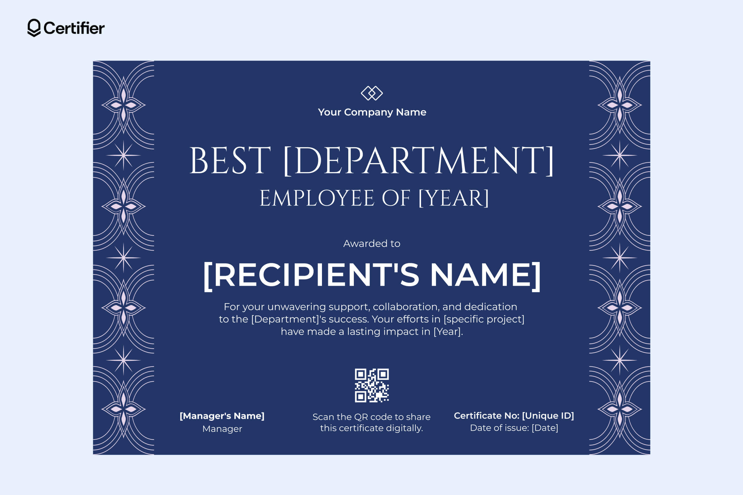 Best department employee of the year certificate template with decorative blue borders and a professional layout Best department employee of the year certificate template with decorative blue borders and a professional layout