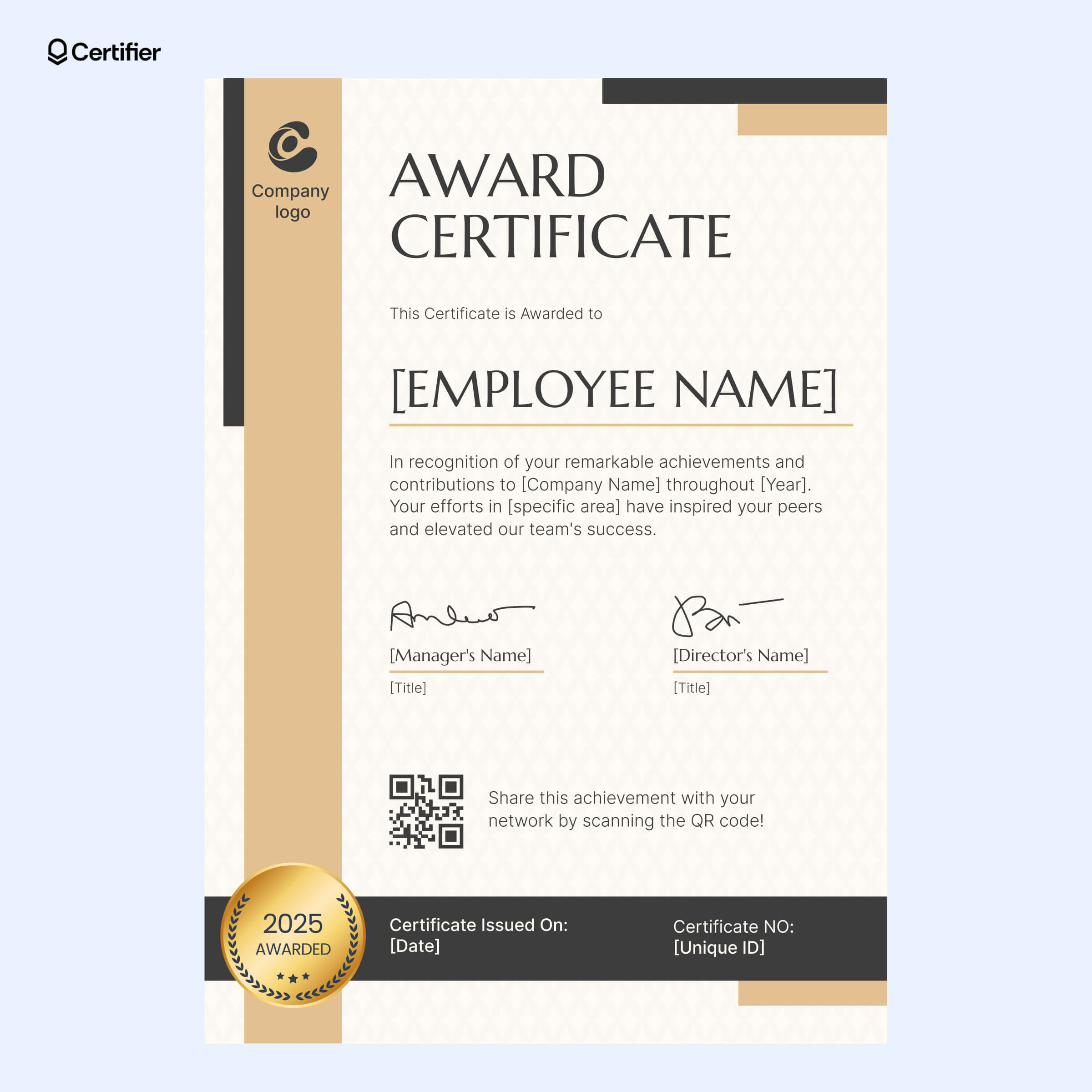 Corporate employee of the year award certificate with a vertical layout, modern gold and black details and a QR code Corporate employee of the year award certificate with a vertical layout, modern gold and black details and a QR code