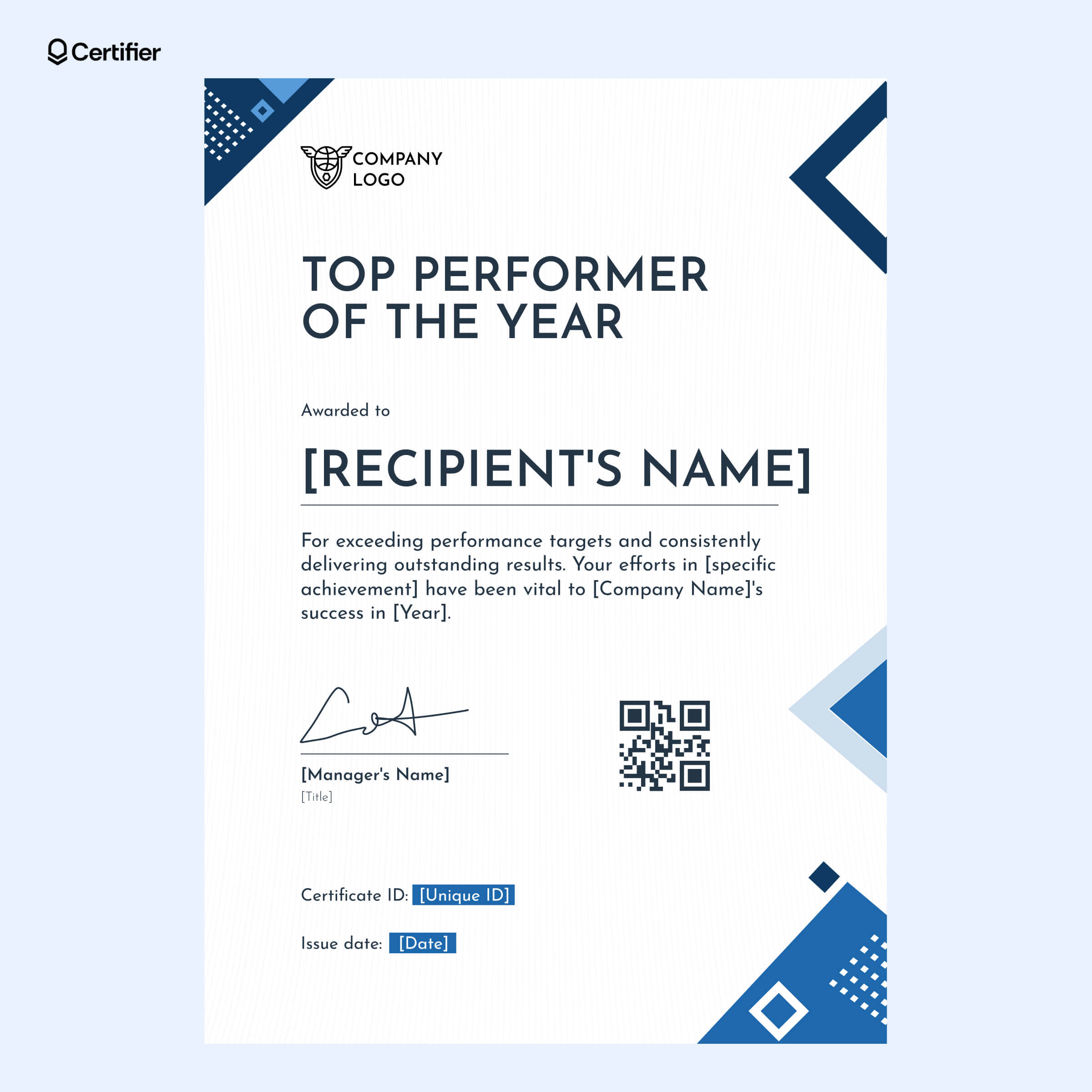 Professional employee of the year award template in blue with geometric elements and QR code for digital verification Professional employee of the year award template in blue with geometric elements and QR code for digital verification