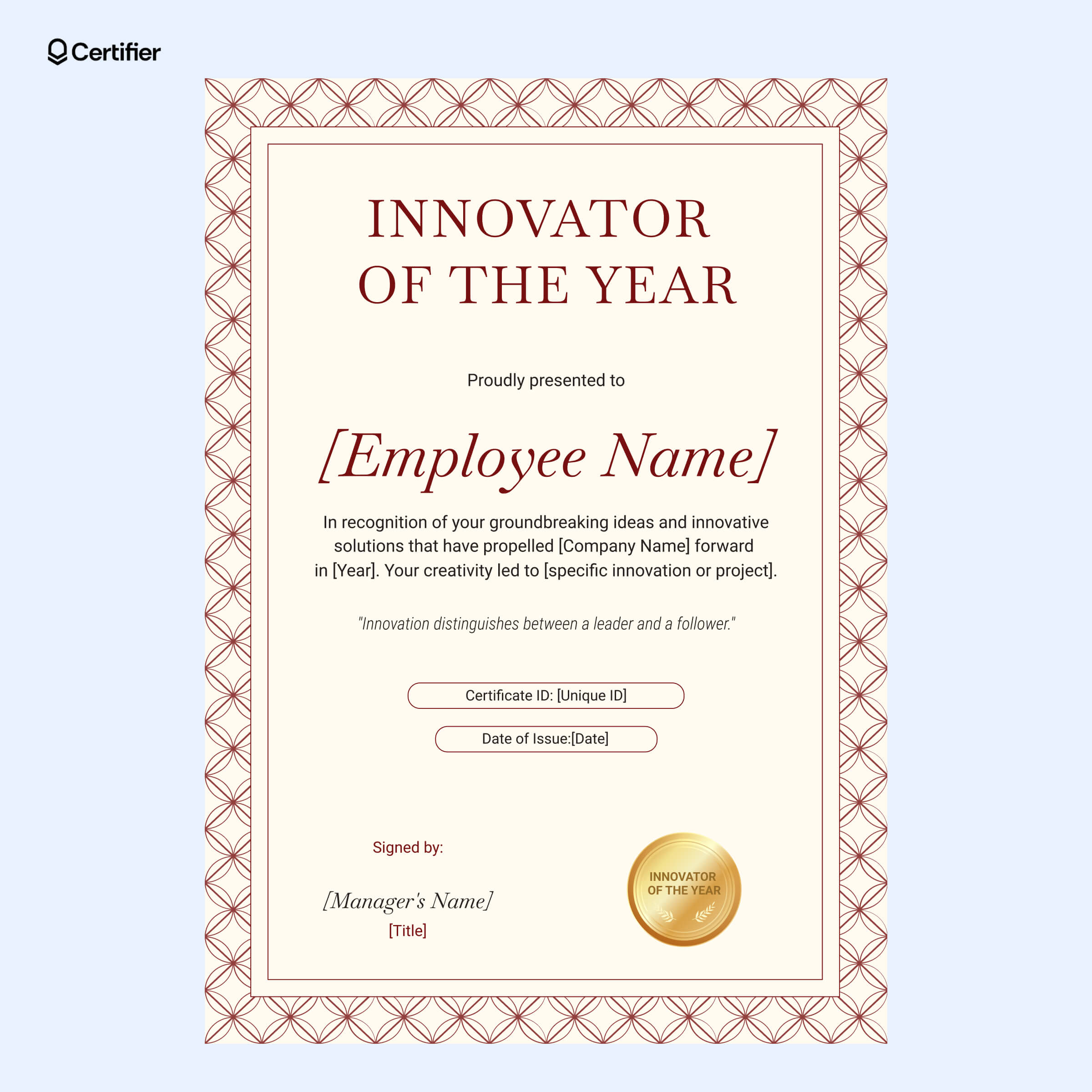 Elegant innovator of the year certificate template with an intricate border, soft background, and gold recognition seal Elegant innovator of the year certificate template with an intricate border, soft background, and gold recognition seal