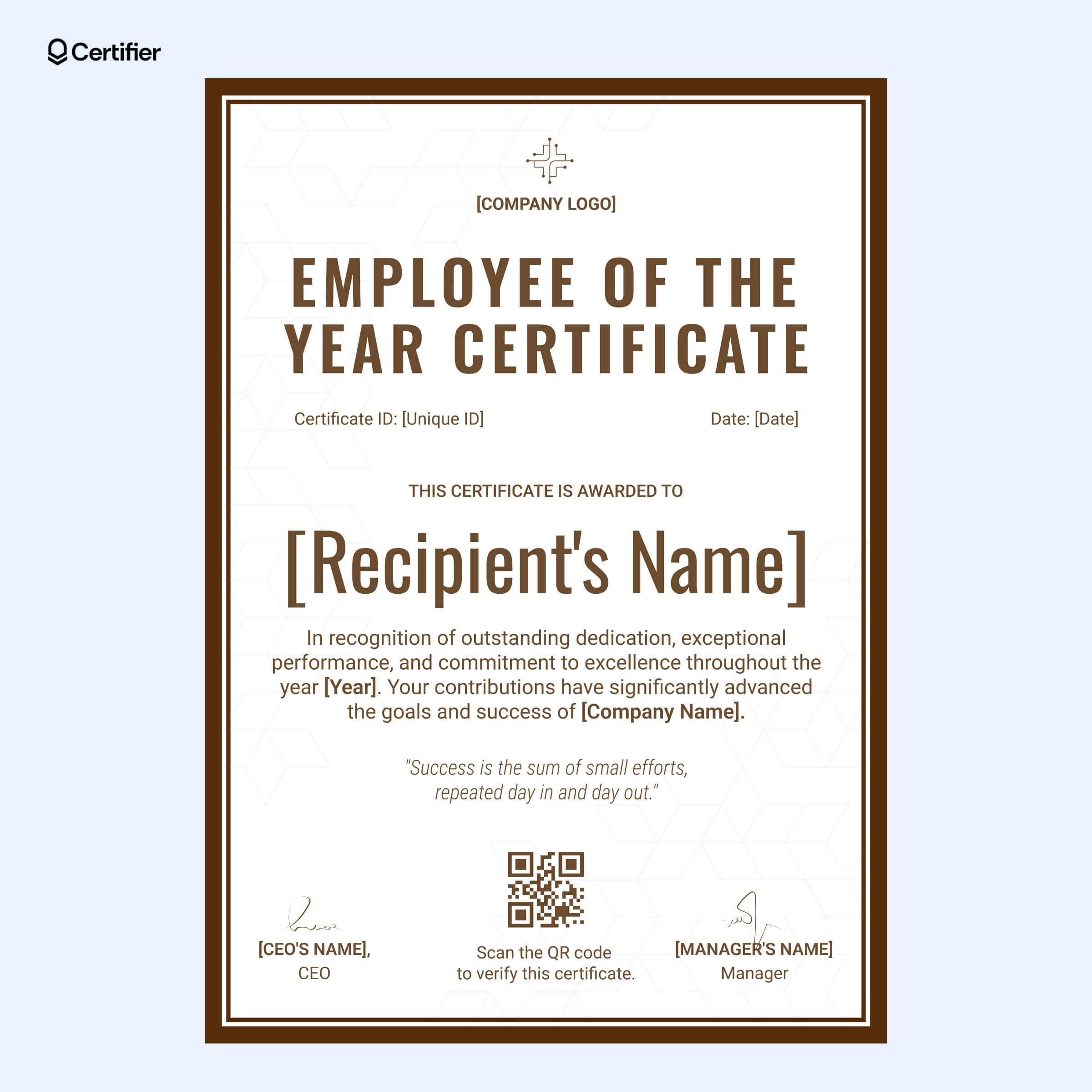 Classic employee of the year certificate template with brown tones, hexagonal background and a professional design Classic employee of the year certificate template with brown tones, hexagonal background and a professional design