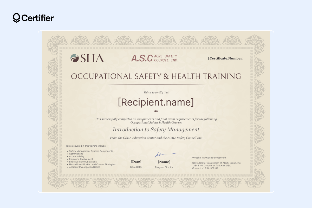 Certificate for OSHA lead-in-construction training South Jersey, showcasing completion of the Occupational Safety and Health training program for safety management. Certificate for OSHA lead-in-construction training South Jersey, showcasing completion of the Occupational Safety and Health training program for safety management.