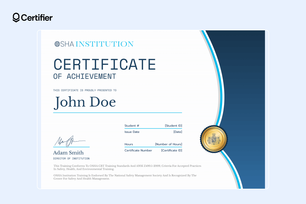 OSHA 30 hours certificate in a blue-themed design, awarded for achieving safety and health training standards under OSHA guidelines. OSHA 30 hours certificate in a blue-themed design, awarded for achieving safety and health training standards under OSHA guidelines.