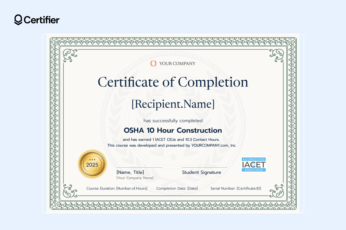 Certificate for OSHA lead-in-construction training Philadelphia, highlighting the OSHA 10-Hour Construction program with a green border design. Certificate for OSHA lead-in-construction training Philadelphia, highlighting the OSHA 10-Hour Construction program with a green border design.