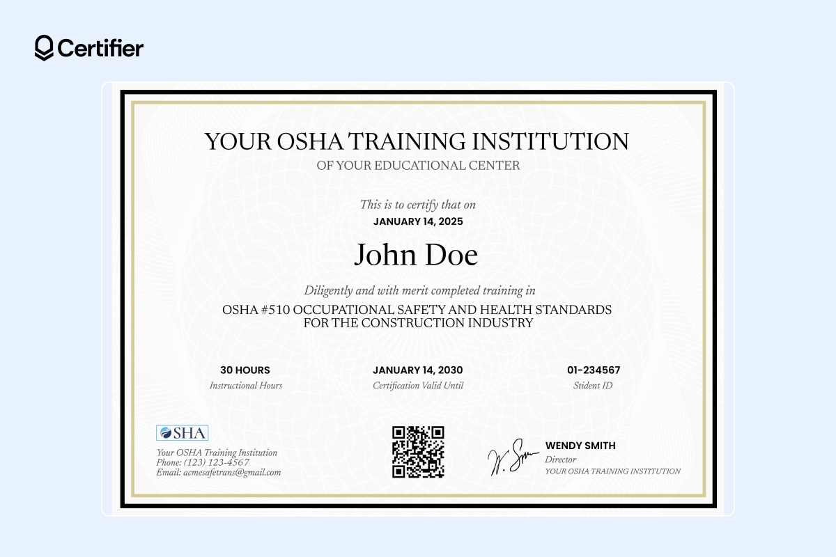 OSHA completion certificate for OSHA #510 Occupational Safety and Health Standards training in the construction industry, presented with certification validity and student details. OSHA completion certificate for OSHA #510 Occupational Safety and Health Standards training in the construction industry, presented with certification validity and student details.
