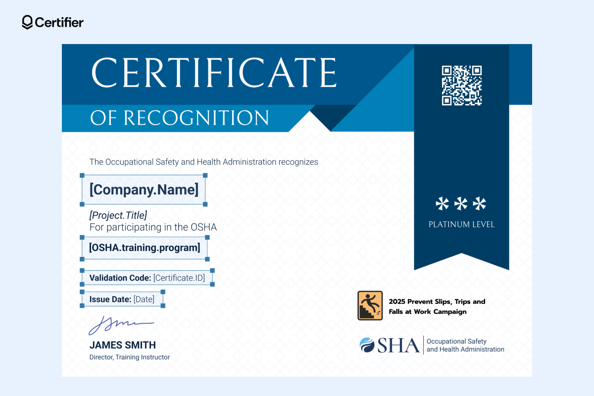 OSHA certificate PDF issued for participation in the OSHA Workplace Safety Stand-Down program to prevent fall injuries, including platinum-level recognition. OSHA certificate PDF issued for participation in the OSHA Workplace Safety Stand-Down program to prevent fall injuries, including platinum-level recognition.