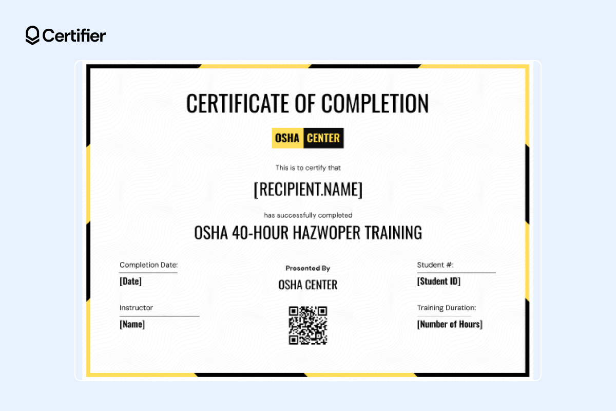 Certificate for OSHA lead-in-construction training New Jersey for 40-hour HAZWOPER training in compliance with OSHA standards. Certificate for OSHA lead-in-construction training New Jersey for 40-hour HAZWOPER training in compliance with OSHA standards.