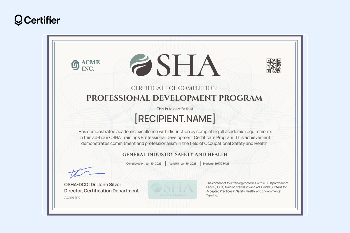 OSHA professional certificate recognizing achievement in General Industry Safety and Health with details about the completion date and hours. OSHA professional certificate recognizing achievement in General Industry Safety and Health with details about the completion date and hours.