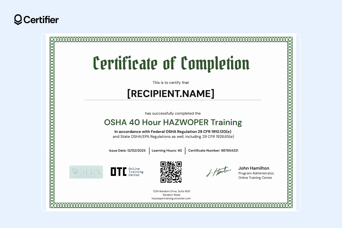 Certificate for OSHA lead-in-construction training New Jersey, awarded for completing 40 hours of OSHA HAZWOPER training in compliance with safety regulations. Certificate for OSHA lead-in-construction training New Jersey, awarded for completing 40 hours of OSHA HAZWOPER training in compliance with safety regulations.