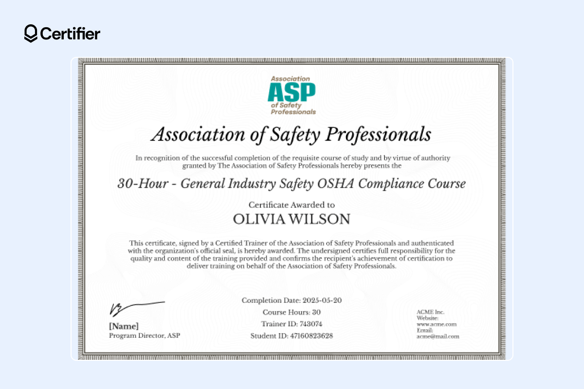 OSHA professional certificate issued by the Association of Safety Professionals for completing the 30-hour General Industry Safety OSHA Compliance Course. OSHA professional certificate issued by the Association of Safety Professionals for completing the 30-hour General Industry Safety OSHA Compliance Course.