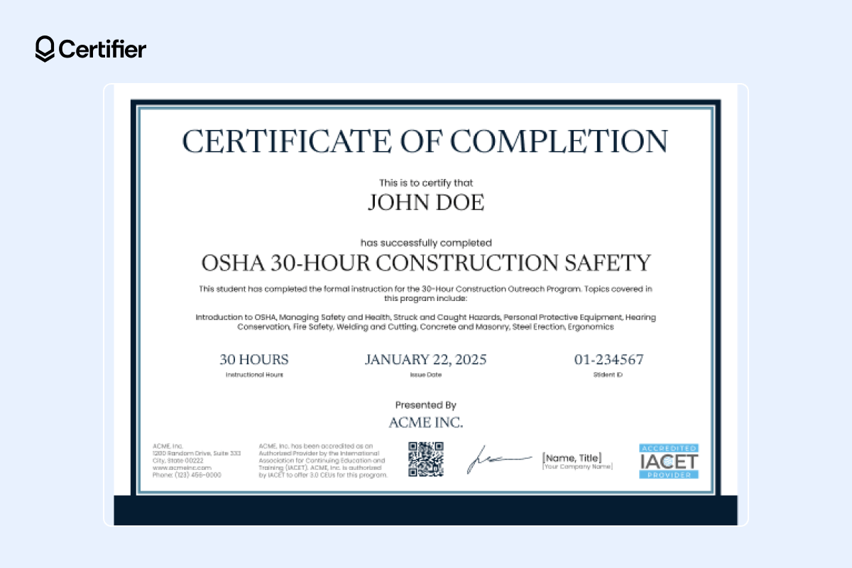 OSHA 30 hours certificate for construction safety training, highlighting hazard management and workplace safety practices. OSHA 30 hours certificate for construction safety training, highlighting hazard management and workplace safety practices.