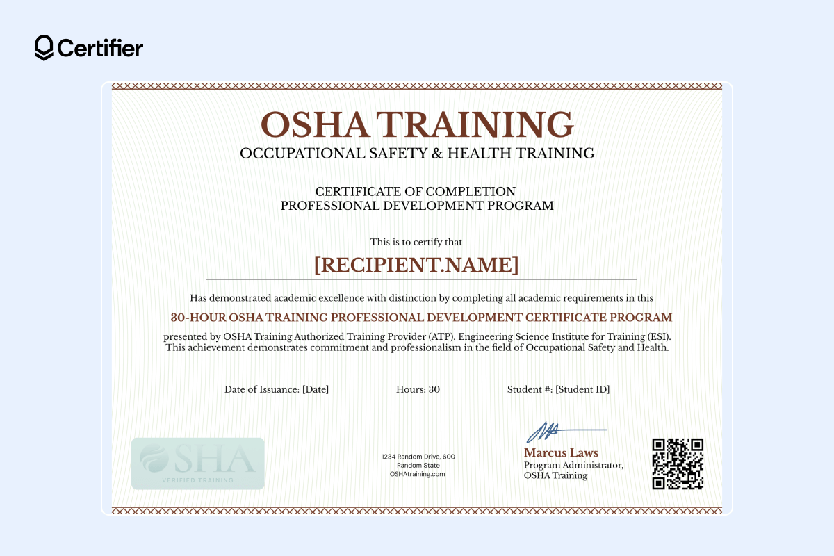 OSHA 30 hours certificate verification for professional development in safety and health, with detailed completion information and program administrator's signature. OSHA 30 hours certificate verification for professional development in safety and health, with detailed completion information and program administrator's signature.