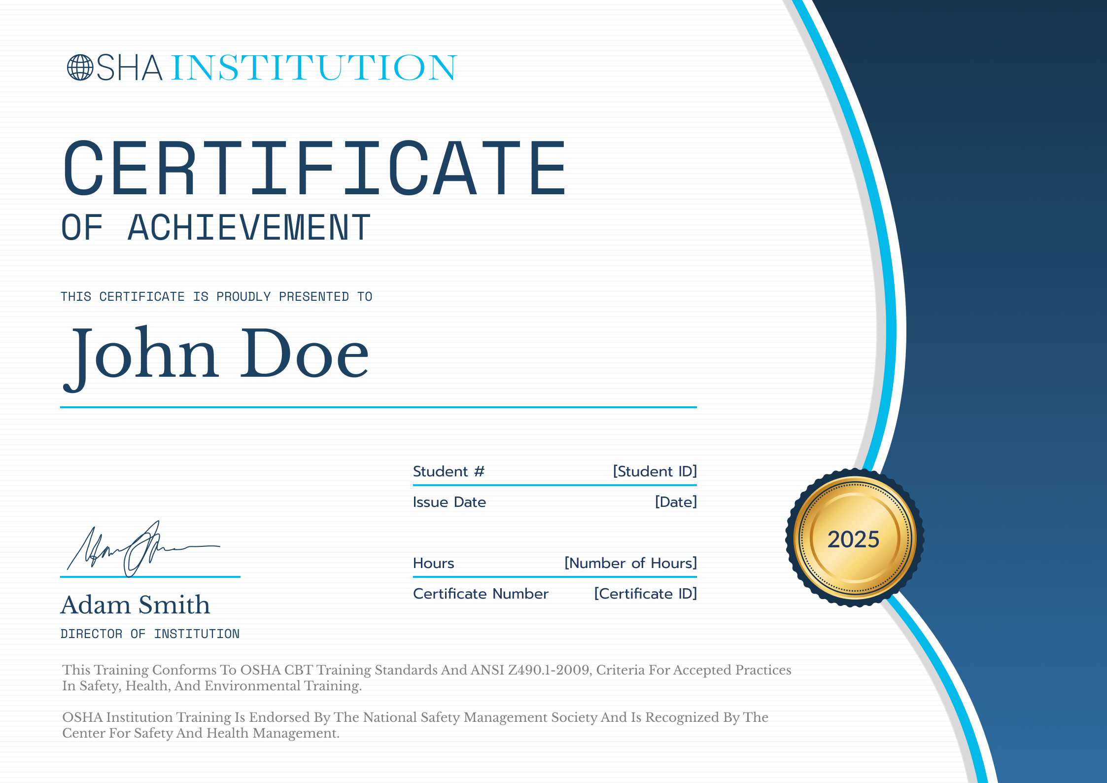 Organized and professional OSHA 30 certificate template