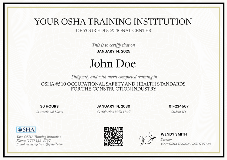 Adaptable and professional OSHA 30 certificate template