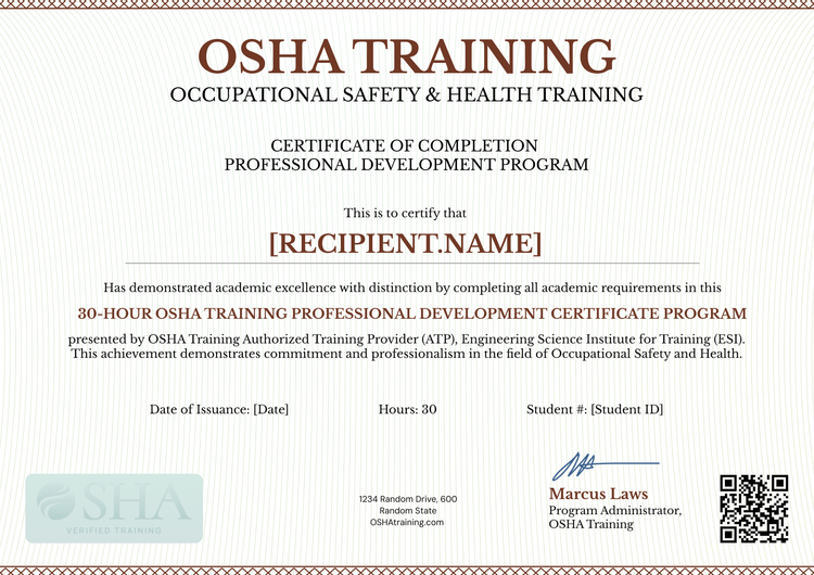 Printable and professional OSHA 30 certificate template