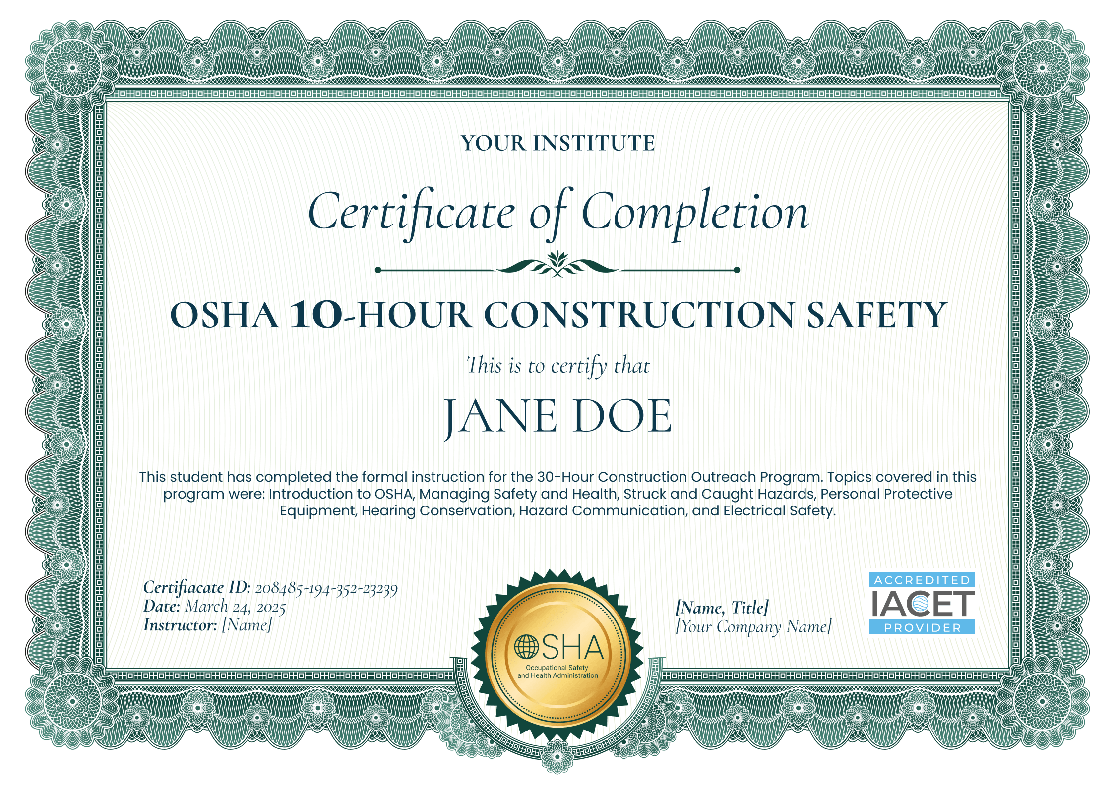 Formal and professional OSHA 30 certificate template