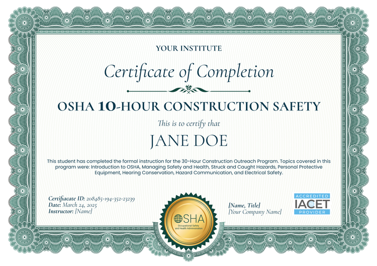 Formal and professional OSHA 30 certificate template