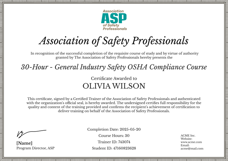 Efficient and professional OSHA 30 certificate template