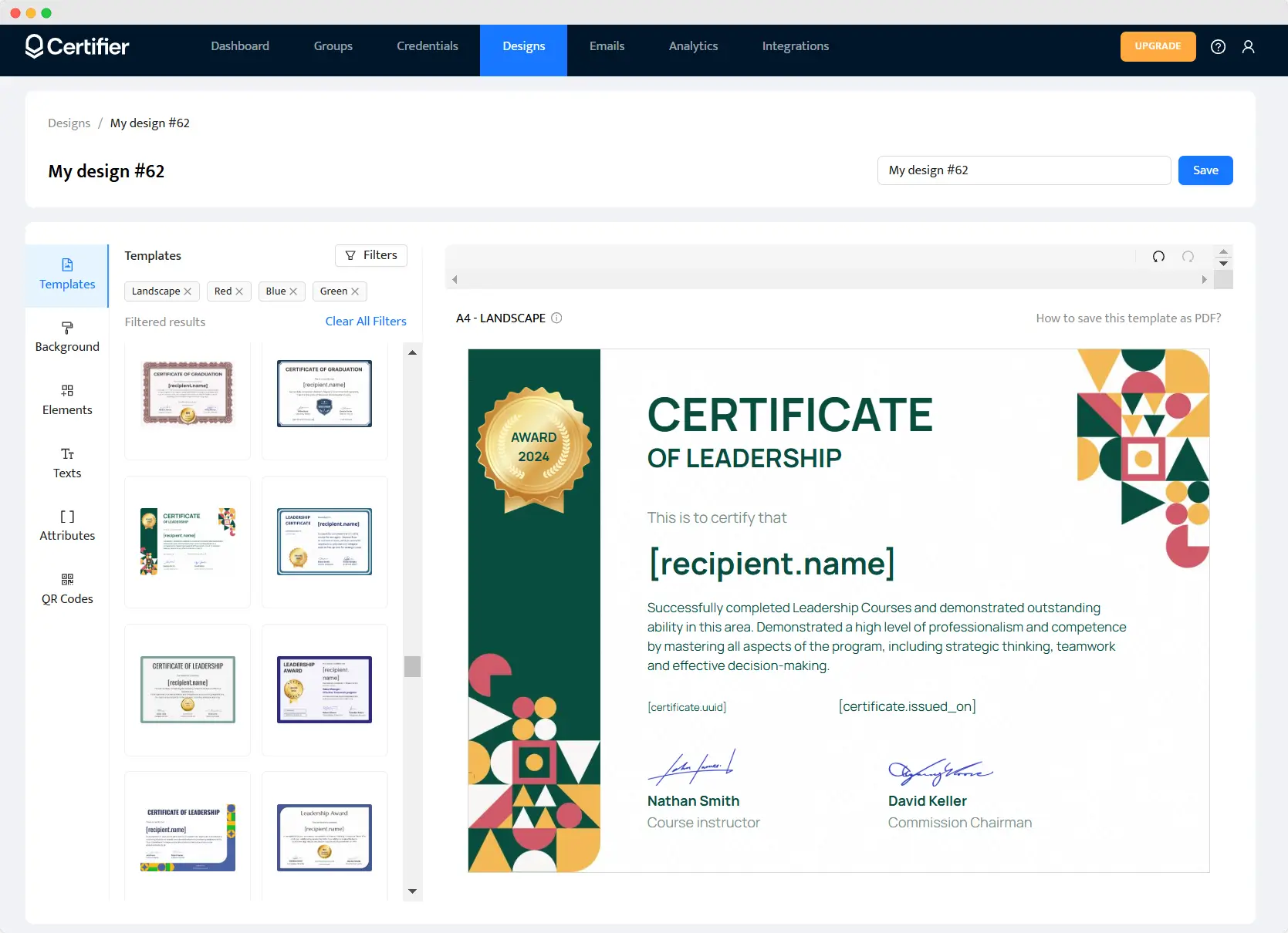 Certifier’s editor for customizing certificate templates and creating certification programs. Certifier’s editor for customizing certificate templates and creating certification programs.