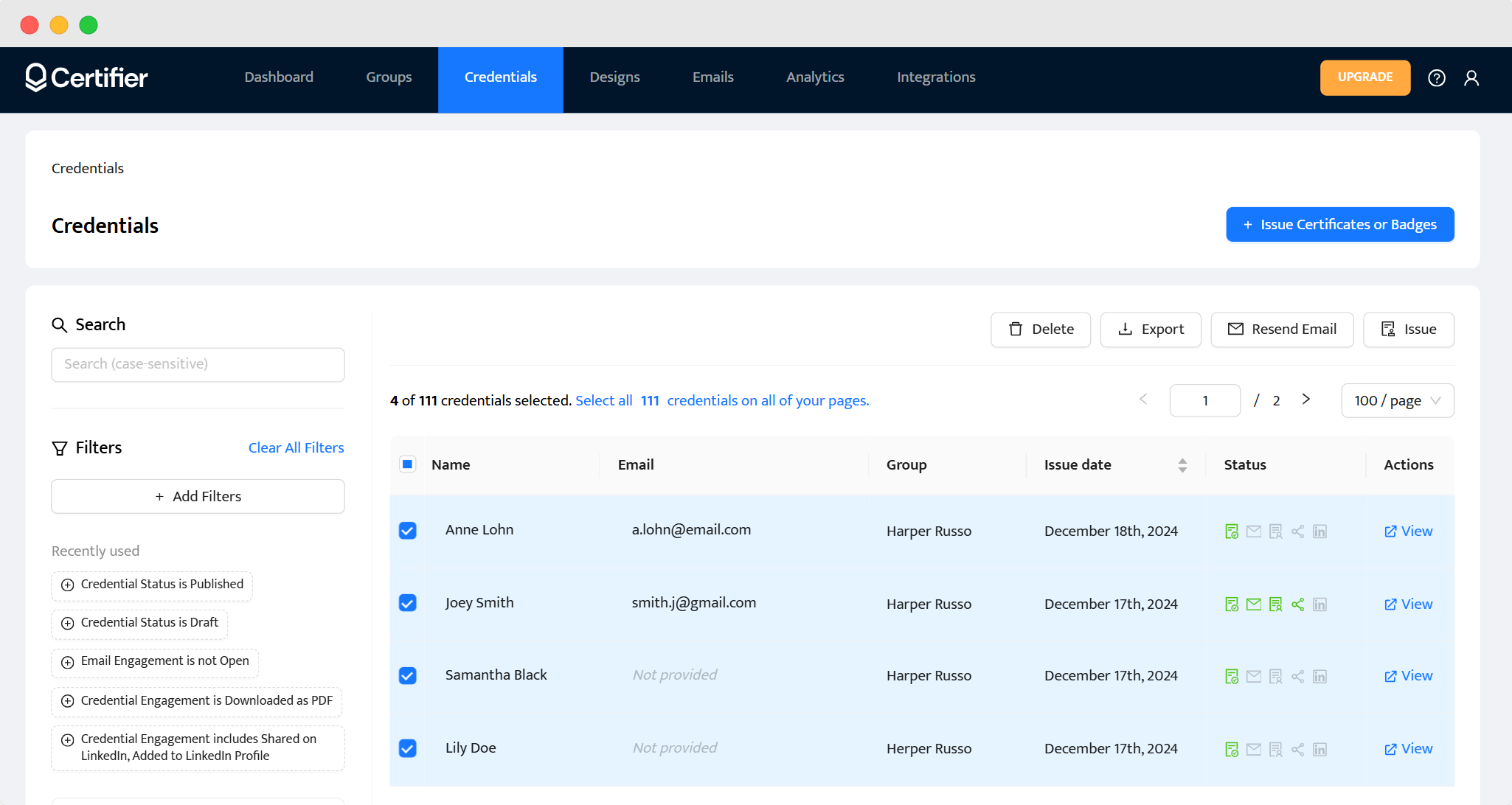 Certifier’s credentials section for managing, exporting, and issuing certificates and badges. Certifier’s credentials section for managing, exporting, and issuing certificates and badges.