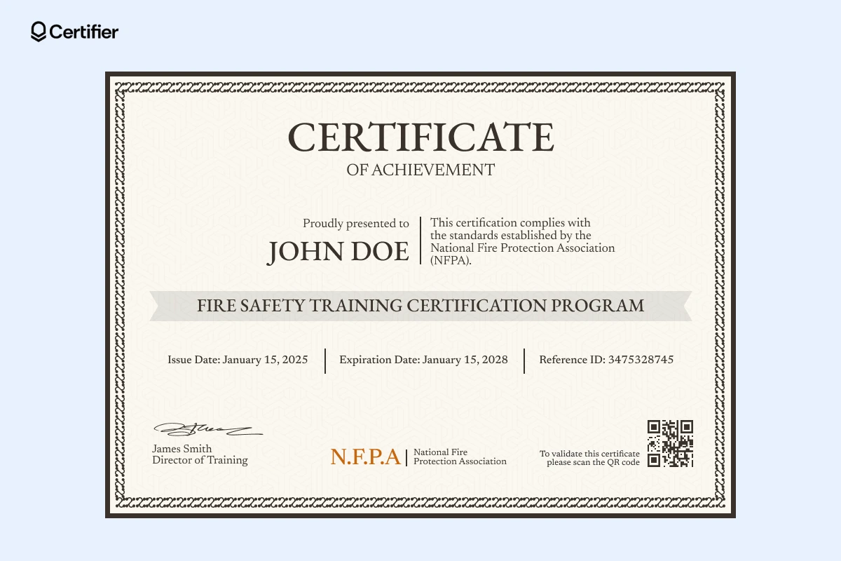 A fire safety certificate format PDF download, designed for companies to showcase training completion with customizable fields for course names and certification dates. A fire safety certificate format PDF download, designed for companies to showcase training completion with customizable fields for course names and certification dates.