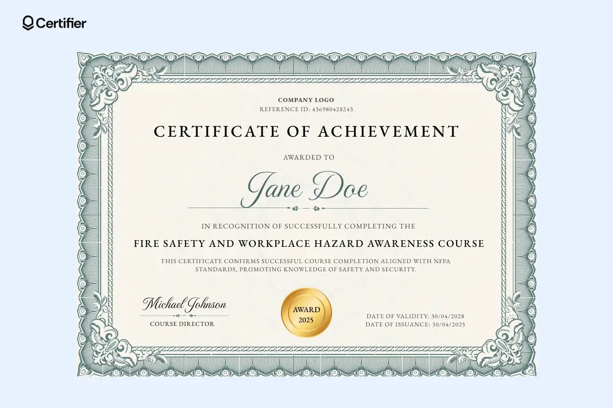 A free fire department certificate template showcasing a formal design with ornate borders and placeholders for names and course details. A free fire department certificate template showcasing a formal design with ornate borders and placeholders for names and course details.