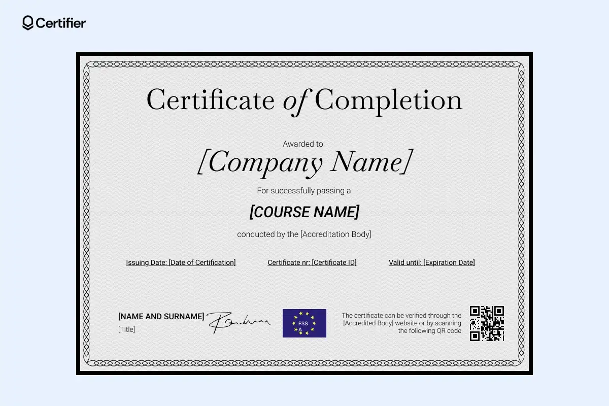 A fire safety certificate format PDF download with structured placeholders for course name, accreditation body and dates of certification. A fire safety certificate format PDF download with structured placeholders for course name, accreditation body and dates of certification.
