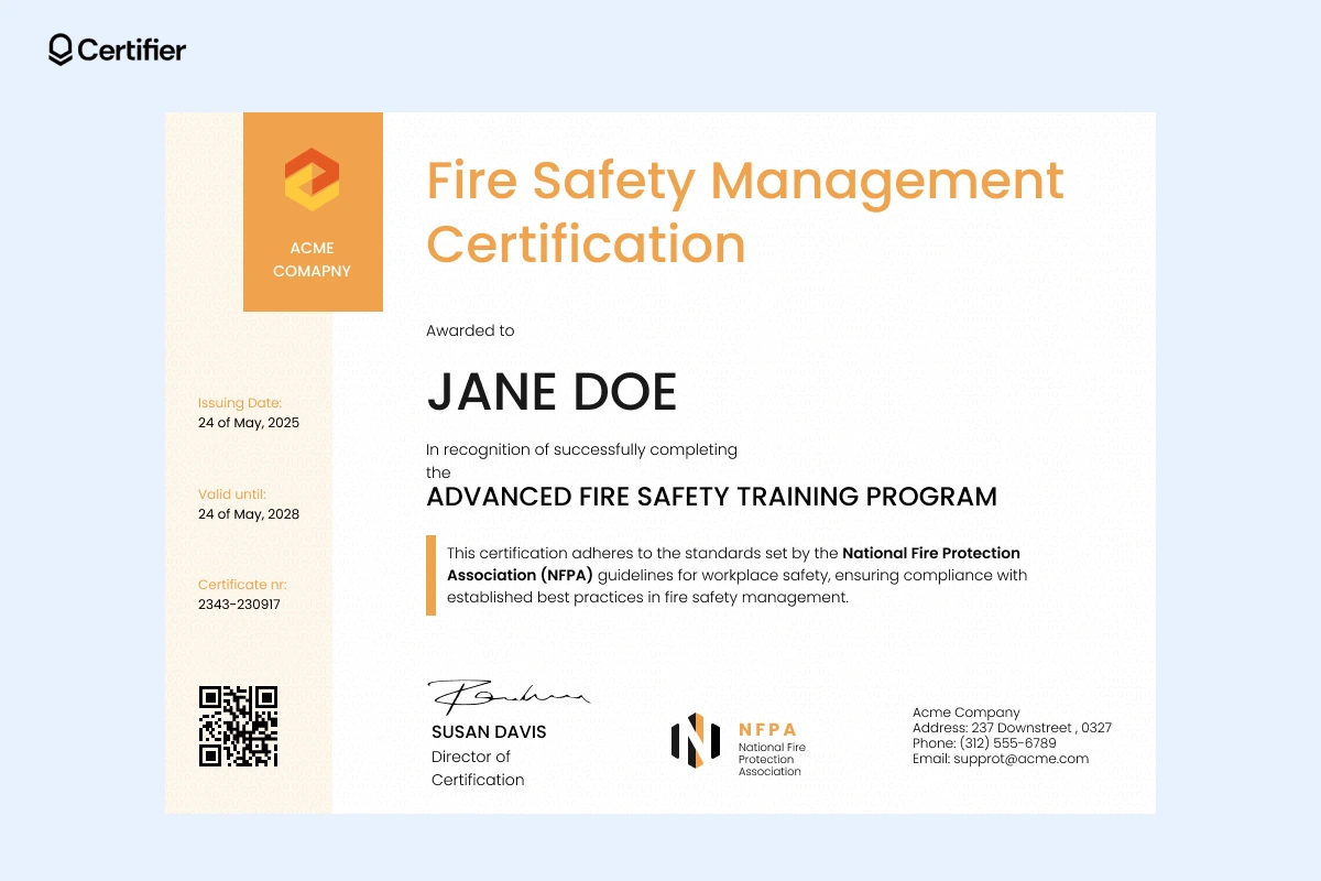 A fire safety certificate PDF with bright orange elements, recognizing completion of an advanced fire safety training program compliant with NFPA standards. A fire safety certificate PDF with bright orange elements, recognizing completion of an advanced fire safety training program compliant with NFPA standards.