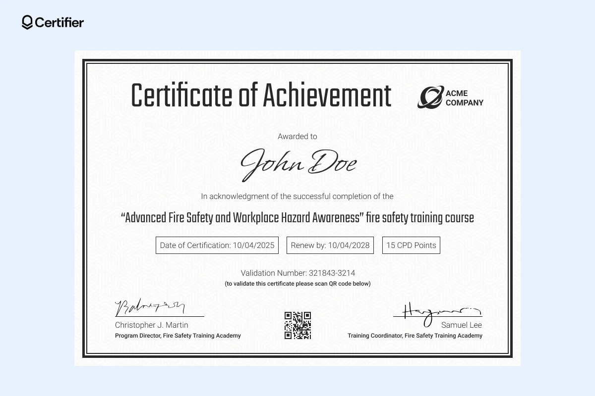 A modern fire and safety experience certificate format PDF tailored for organizations, highlighting course completion, dates and validation QR codes. A modern fire and safety experience certificate format PDF tailored for organizations, highlighting course completion, dates and validation QR codes.