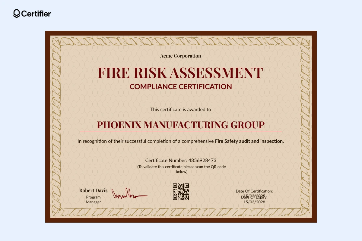 A fire risk assessment compliance certification designed for corporate recognition, featuring detailed program descriptions and accreditation authority. A fire risk assessment compliance certification designed for corporate recognition, featuring detailed program descriptions and accreditation authority.