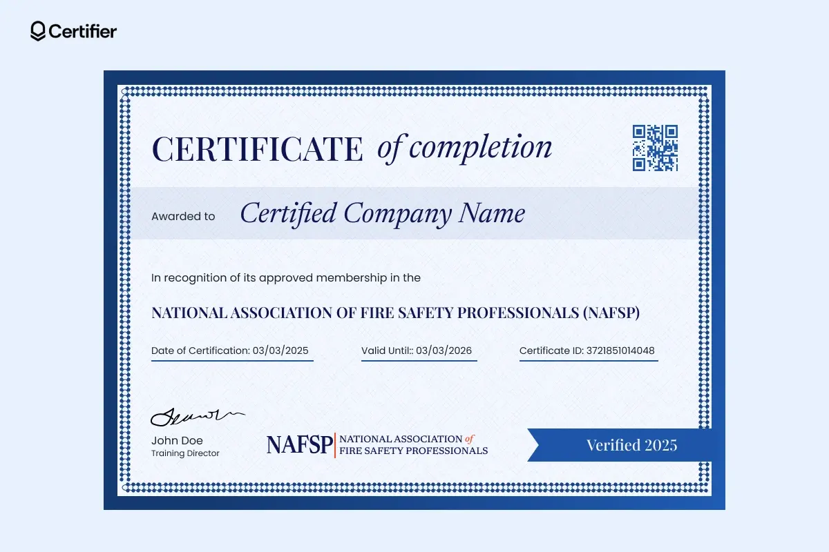 A fire and safety experience certificate format PDF certifying an organization's participation in a fire safety program, with QR code verification for authenticity. A fire and safety experience certificate format PDF certifying an organization's participation in a fire safety program, with QR code verification for authenticity.