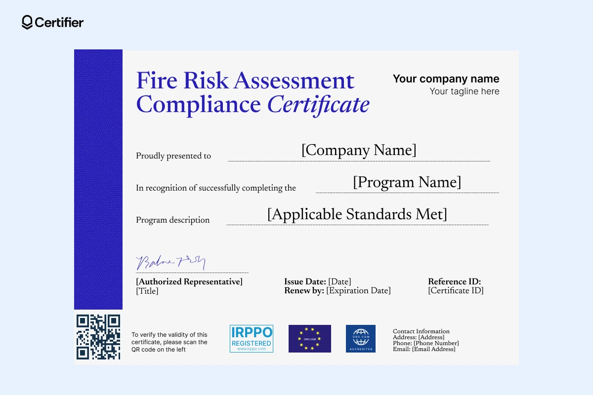 A downloadable fire safety certificate PDF with blue accents, providing editable sections for company and program information. A downloadable fire safety certificate PDF with blue accents, providing editable sections for company and program information.