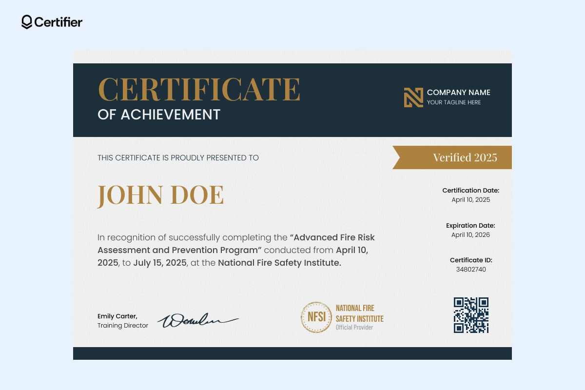 A fire risk assessment compliance certification awarded to an individual for successfully completing fire safety training, featuring gold and navy text for a professional appearance A fire risk assessment compliance certification awarded to an individual for successfully completing fire safety training, featuring gold and navy text for a professional appearance