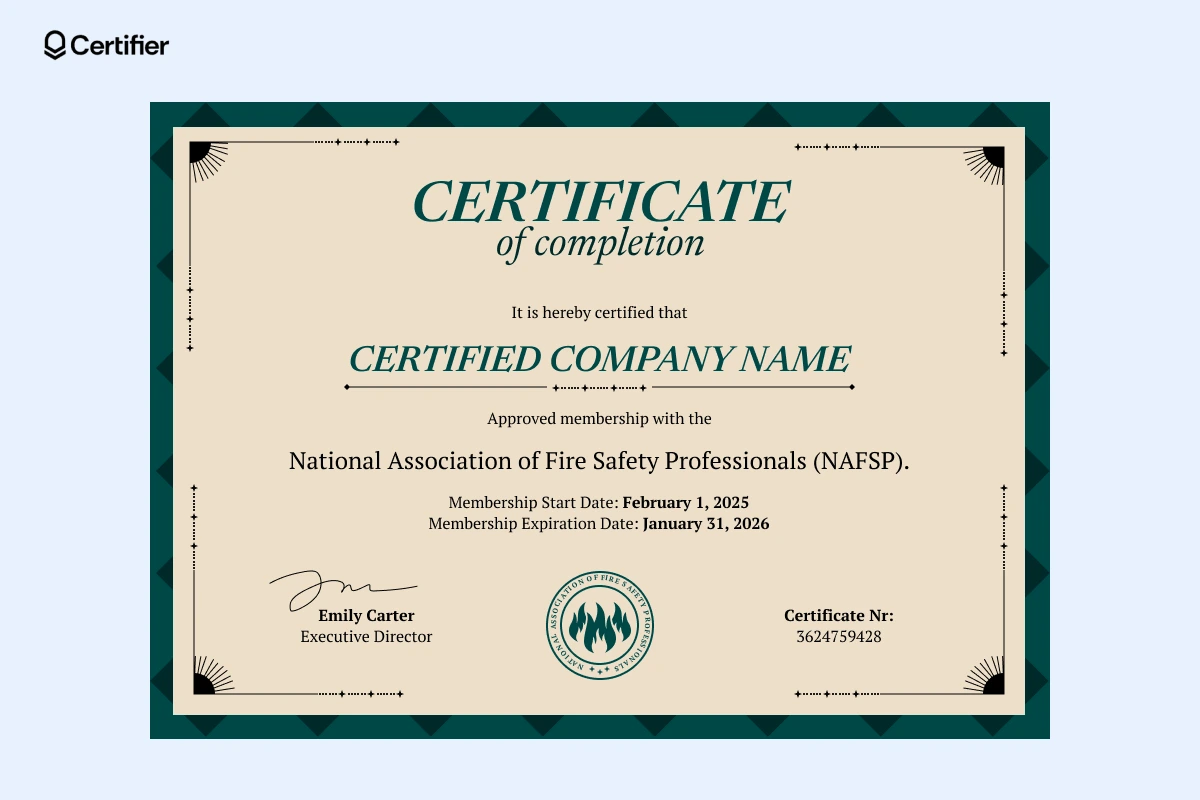 A fire safety certificate format PDF download, featuring a brown design with gold accents, acknowledging a recipient's achievement in meeting regulatory safety standards. A fire safety certificate format PDF download, featuring a brown design with gold accents, acknowledging a recipient's achievement in meeting regulatory safety standards.