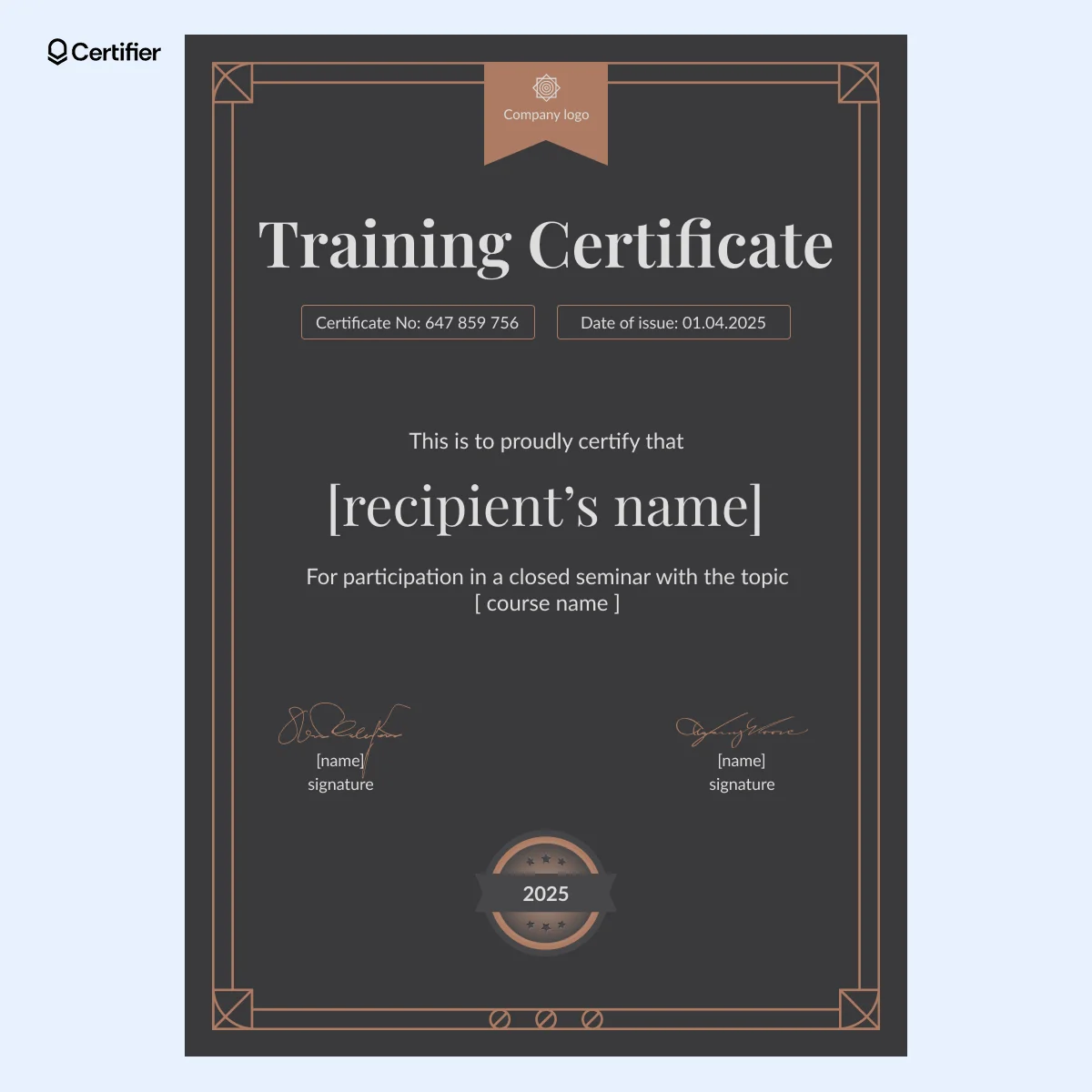 A security guard training certificate format with a striking dark theme, copper-toned borders, geometric corner accents and a prominent certification badge. A security guard training certificate format with a striking dark theme, copper-toned borders, geometric corner accents and a prominent certification badge.