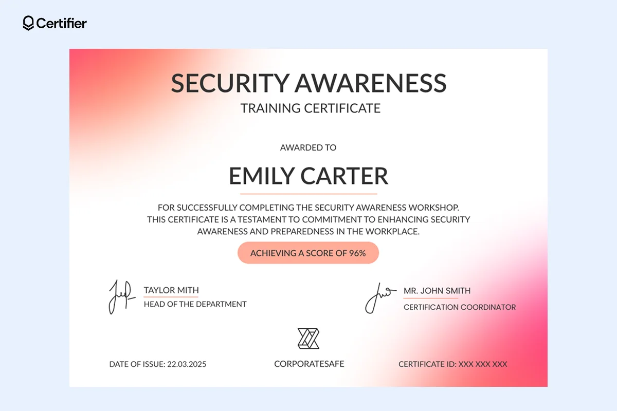 A cyber security awareness training certificate template with a vibrant gradient background transitioning from soft red to white, featuring bold typography and a prominent score badge. A cyber security awareness training certificate template with a vibrant gradient background transitioning from soft red to white, featuring bold typography and a prominent score badge.