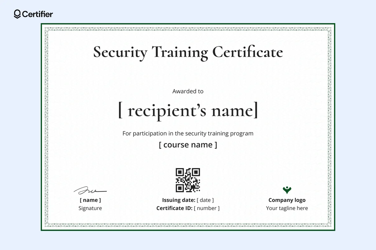 A security awareness training certificate of completion template with a clean, minimalistic design, a subtle patterned background and placeholders for recipient, course details, signatures and logo. A security awareness training certificate of completion template with a clean, minimalistic design, a subtle patterned background and placeholders for recipient, course details, signatures and logo.