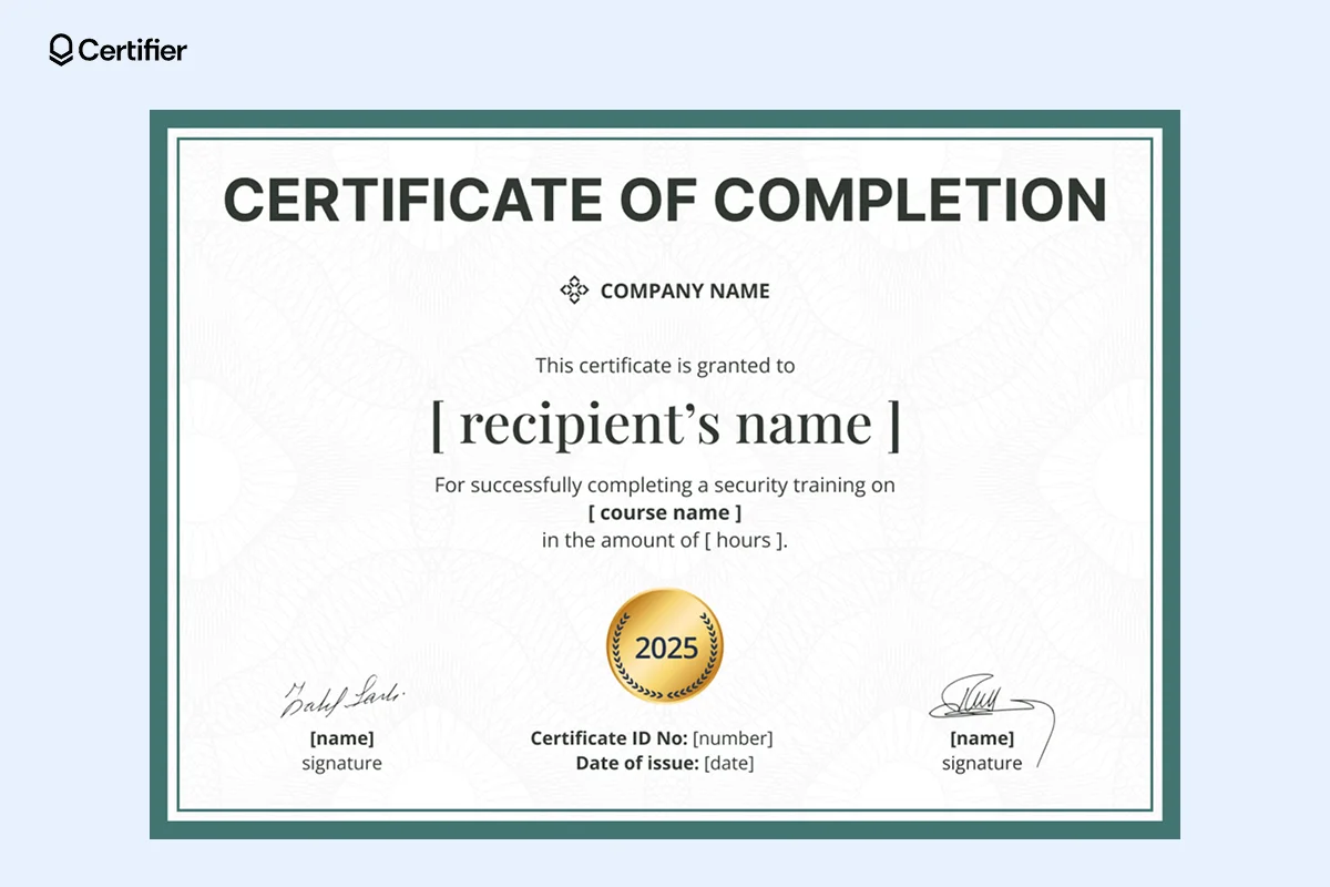 A security awareness training certificate of completion template with a refined dark green border, modern typography and subtle background patterns. A security awareness training certificate of completion template with a refined dark green border, modern typography and subtle background patterns.