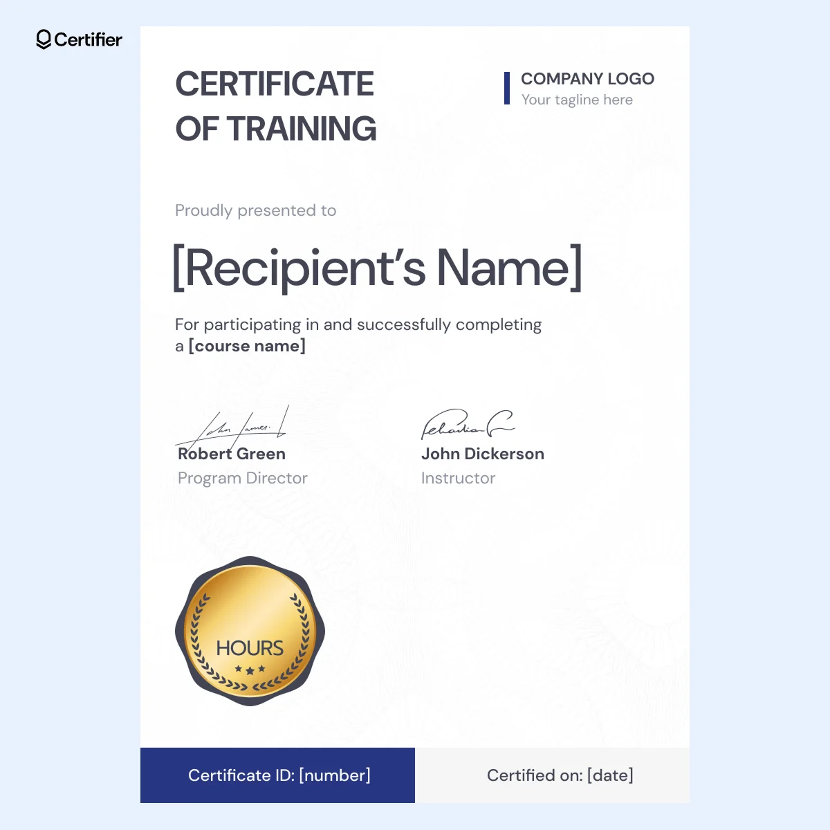A security awareness training certificate of completion template with a clean white background, structured typography and a gold badge for training hours. A security awareness training certificate of completion template with a clean white background, structured typography and a gold badge for training hours.