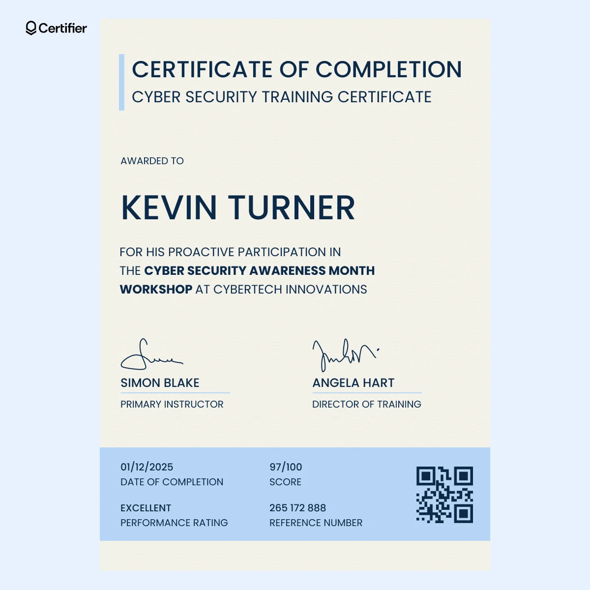 A cyber security awareness training certificate template with a light beige background, modern font and a blue highlight section displaying completion details and a QR code. A cyber security awareness training certificate template with a light beige background, modern font and a blue highlight section displaying completion details and a QR code.