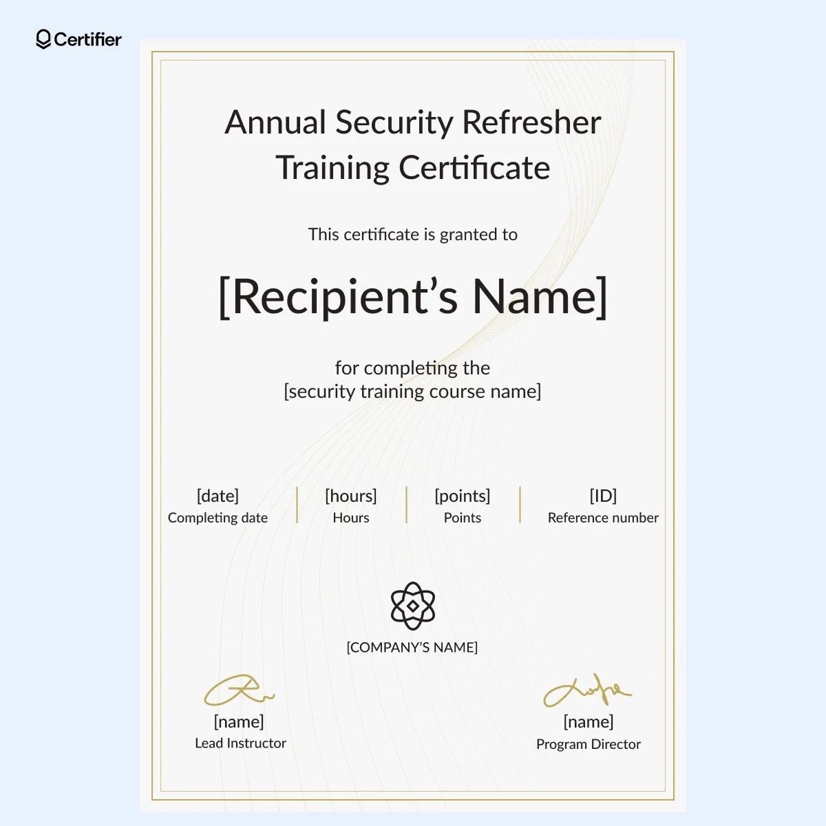 A cyber security schools training certificate template with a sophisticated white and gold border, featuring curved accent lines and a minimalist modern design. A cyber security schools training certificate template with a sophisticated white and gold border, featuring curved accent lines and a minimalist modern design.