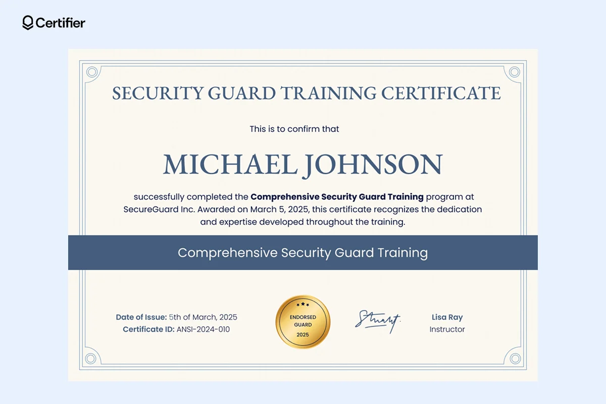 A security guard training certificate format with a professional, elegant design, soft beige tones and a structured layout for recipient details, course title and certification ID. A security guard training certificate format with a professional, elegant design, soft beige tones and a structured layout for recipient details, course title and certification ID.
