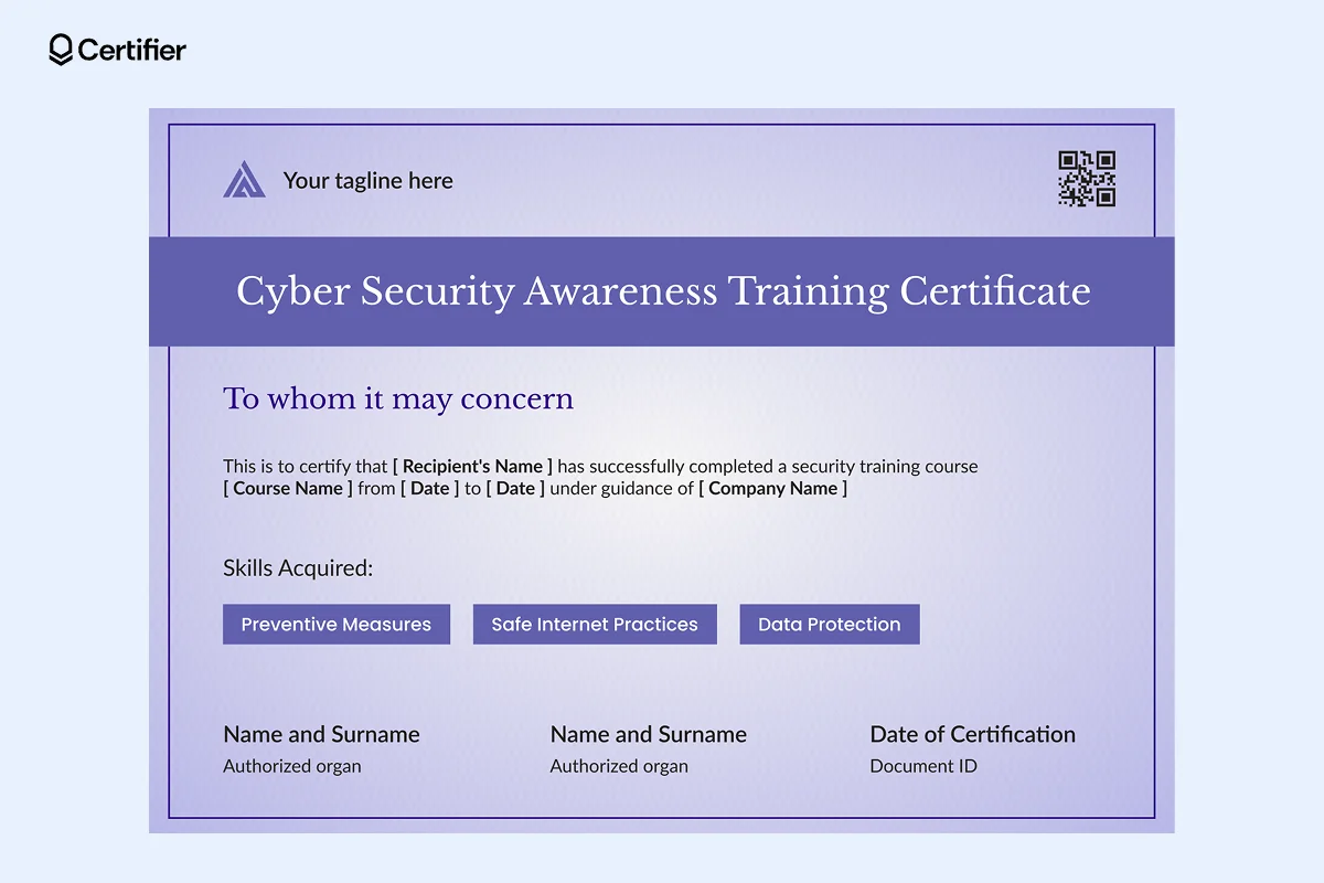 A cyber security awareness training certificate free template with a sleek purple design, structured sections for recipient details, course duration and acquired skills like data protection. A cyber security awareness training certificate free template with a sleek purple design, structured sections for recipient details, course duration and acquired skills like data protection.