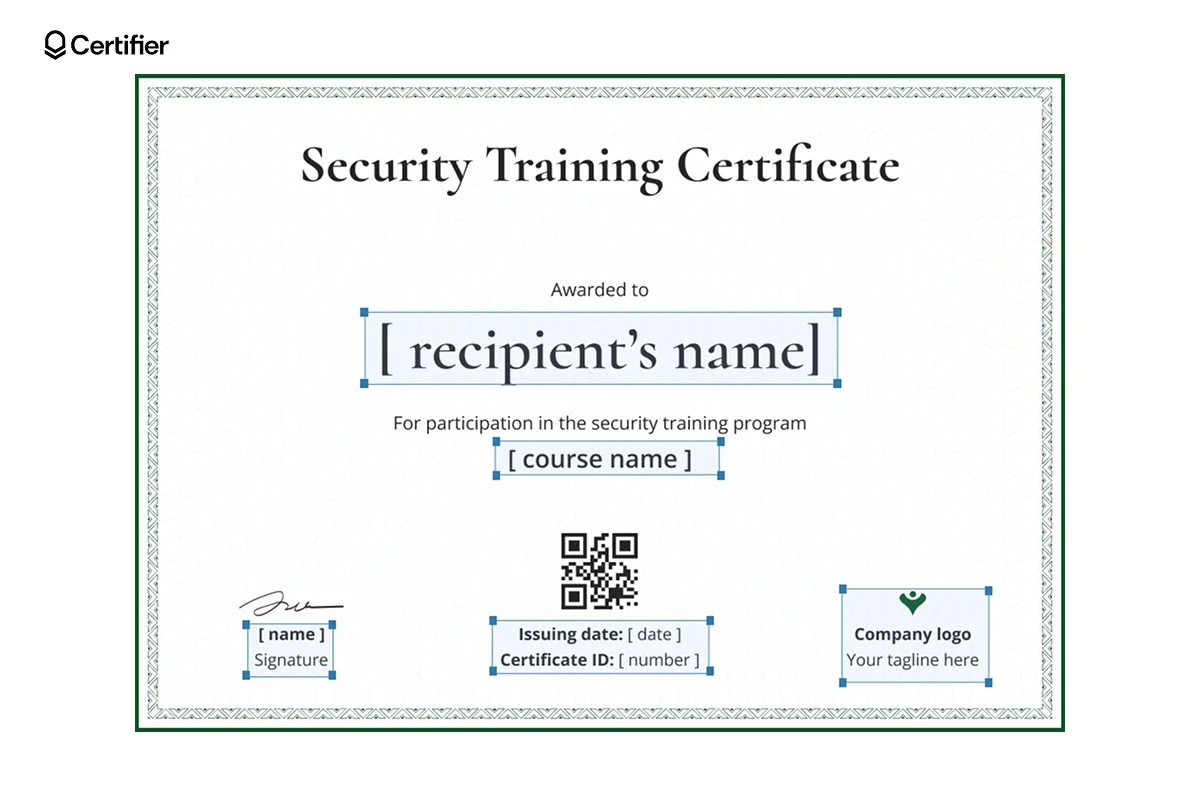 Security training certificate template with editable attributes that can be automatically filled out with appropriate data. Security training certificate template with editable attributes that can be automatically filled out with appropriate data.