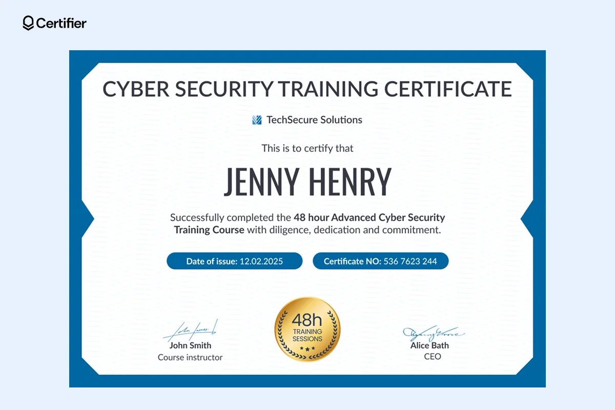 A cyber security schools training certificate template with a bold, modern blue-bordered design, featuring structured text layout and a gold badge for training completion. A cyber security schools training certificate template with a bold, modern blue-bordered design, featuring structured text layout and a gold badge for training completion.