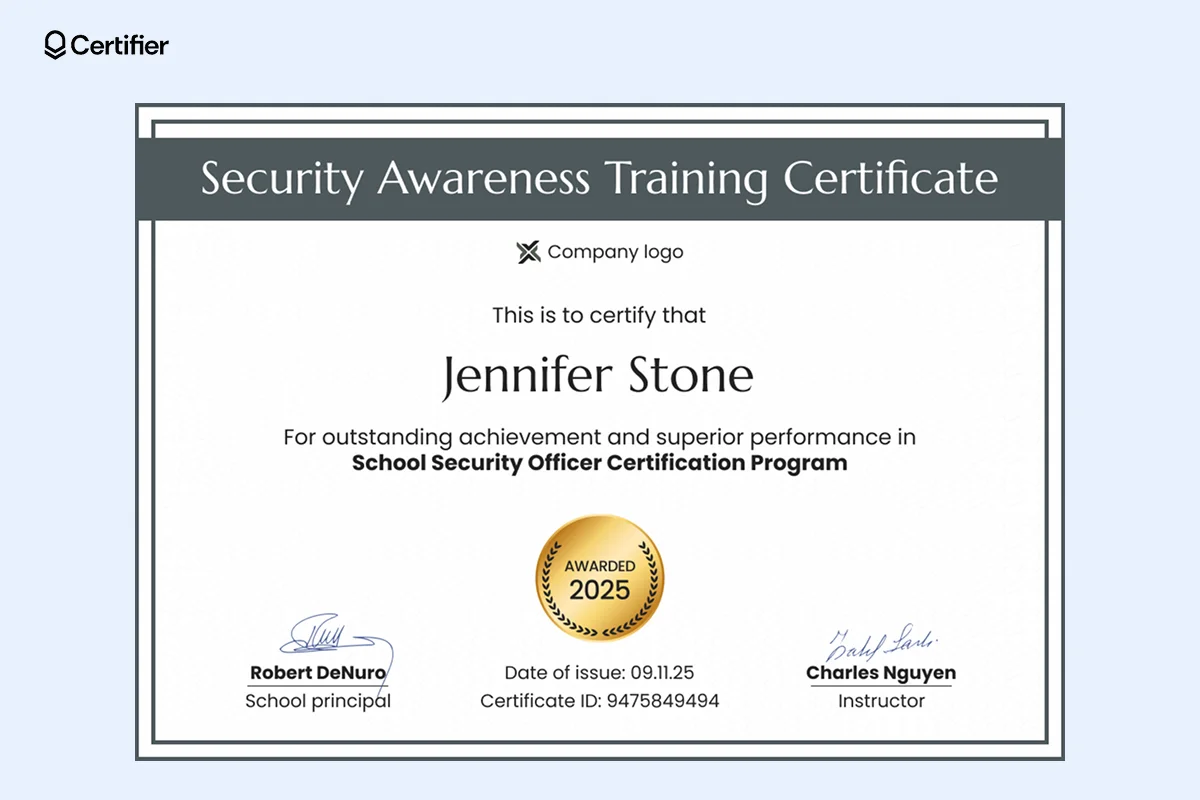 A school security officer training certificate template featuring a classic black-and-white design with clean typography, signature fields and a gold emblem. A school security officer training certificate template featuring a classic black-and-white design with clean typography, signature fields and a gold emblem.