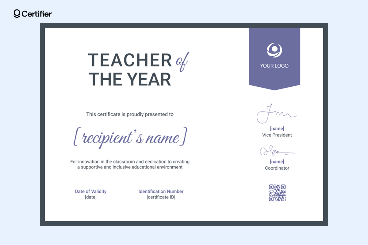 Editable Teacher of the Year certificate with a minimalist design, purple accents, placeholders for recipient’s name, award description, date of validity, identification number, signatures and a QR code for verification. Editable Teacher of the Year certificate with a minimalist design, purple accents, placeholders for recipient’s name, award description, date of validity, identification number, signatures and a QR code for verification.