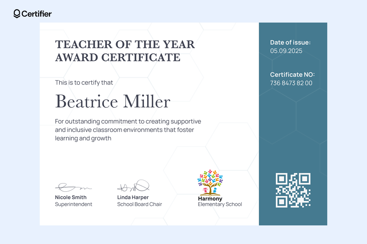 Teacher of the Year certificate template for Microsoft with a clean, hexagon-patterned background, placeholders for recipient’s name, award description, issuing date, certificate number and a QR code. Teacher of the Year certificate template for Microsoft with a clean, hexagon-patterned background, placeholders for recipient’s name, award description, issuing date, certificate number and a QR code.